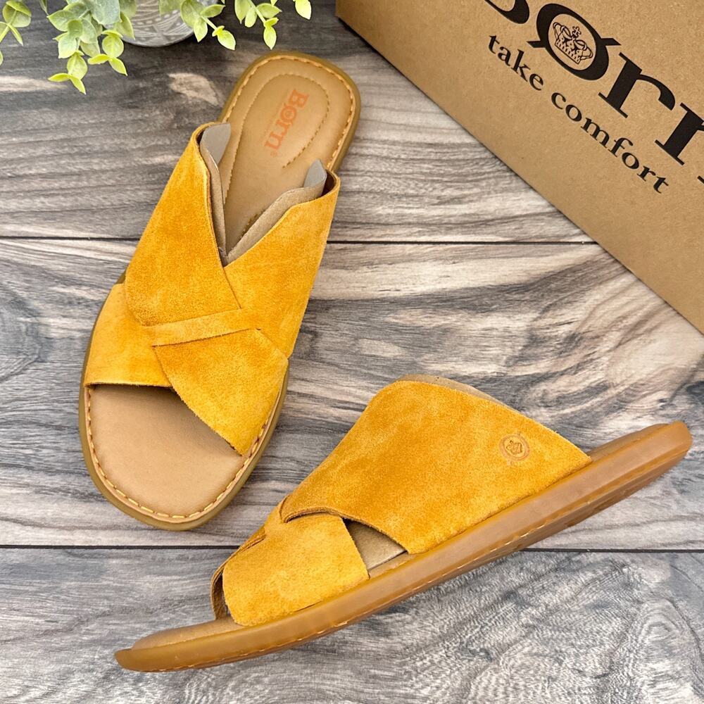 NIB Born Celena 9M Yellow Suede Cross Strap Flat Comfort Slide Sandals